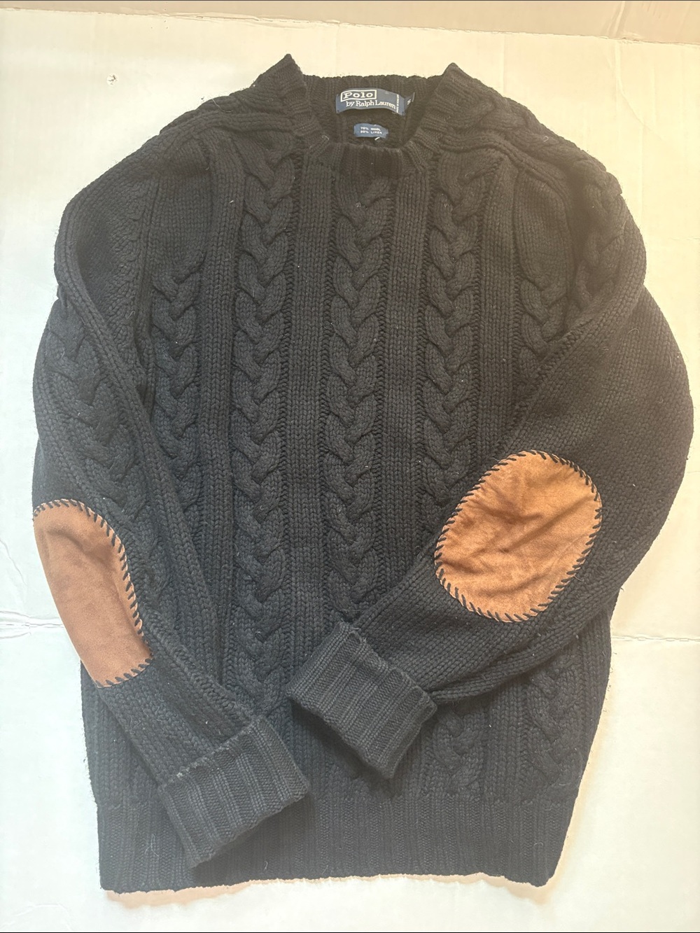 Ralph Lauren Black Cable-Knit Crewneck Sweater with Brown Suede Patches